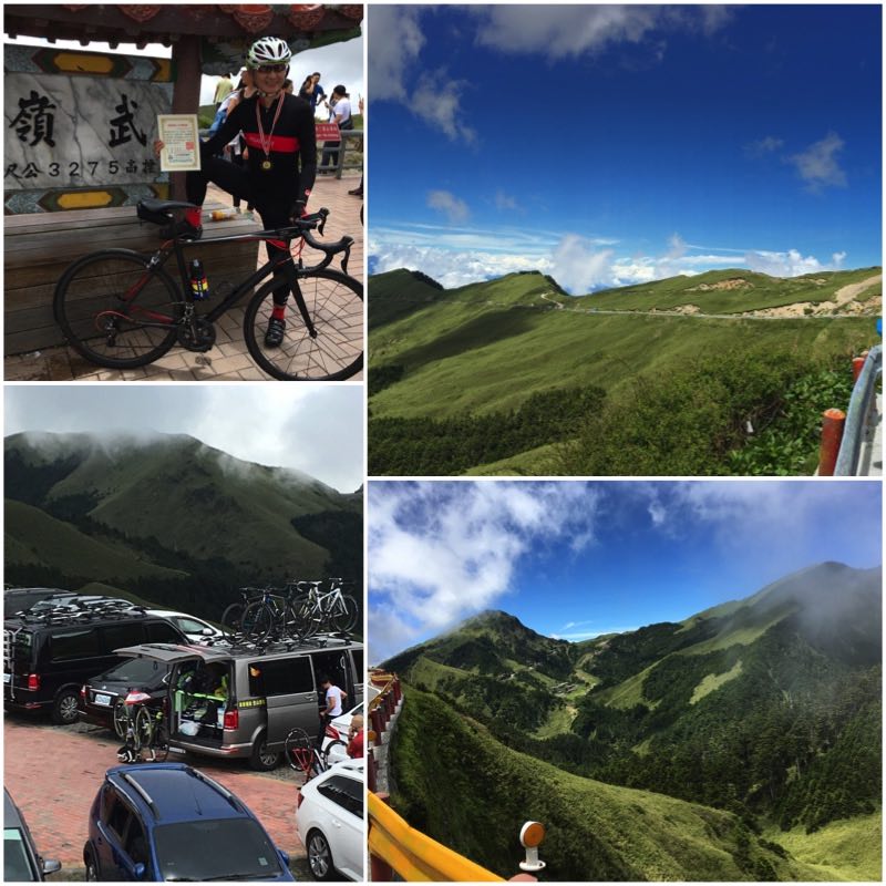 Cyclist on Wuling Pass, supporting vans and mountain ridge