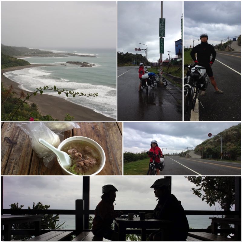 Image grid showing a beach, Donghe bums with hot bitter melon ribs soup, two cyclists in the rain, their silhouette.
