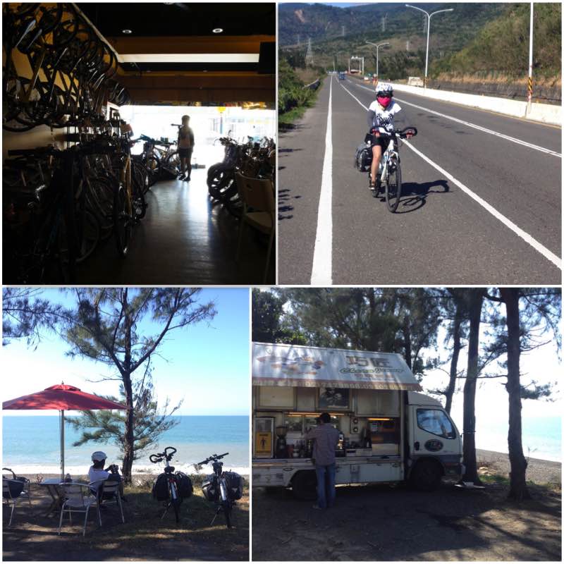 Image grid showing a bike shop, the road condition from Fangliao to Kenting and Mobile seaside cafe