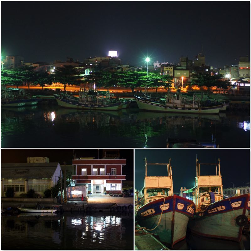image grid showing night scene of fishing boats moored to the FangLiao fishing port