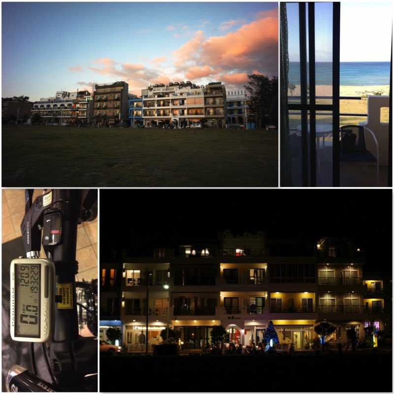 Image grid showing Kenting Sea Wall Homestay at sun set and evening, window view and bicycle speedometer