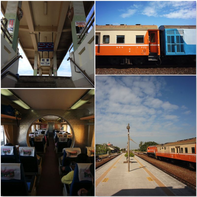 image grid showing the Fangliao station platform, orange train and the seats of a train to Taitung.