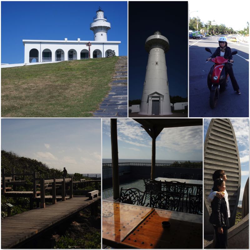 Image grid showing the Eluanbi Light House, Seaside walking trails, Southernmost Tip of Taiwan and an E-bike.